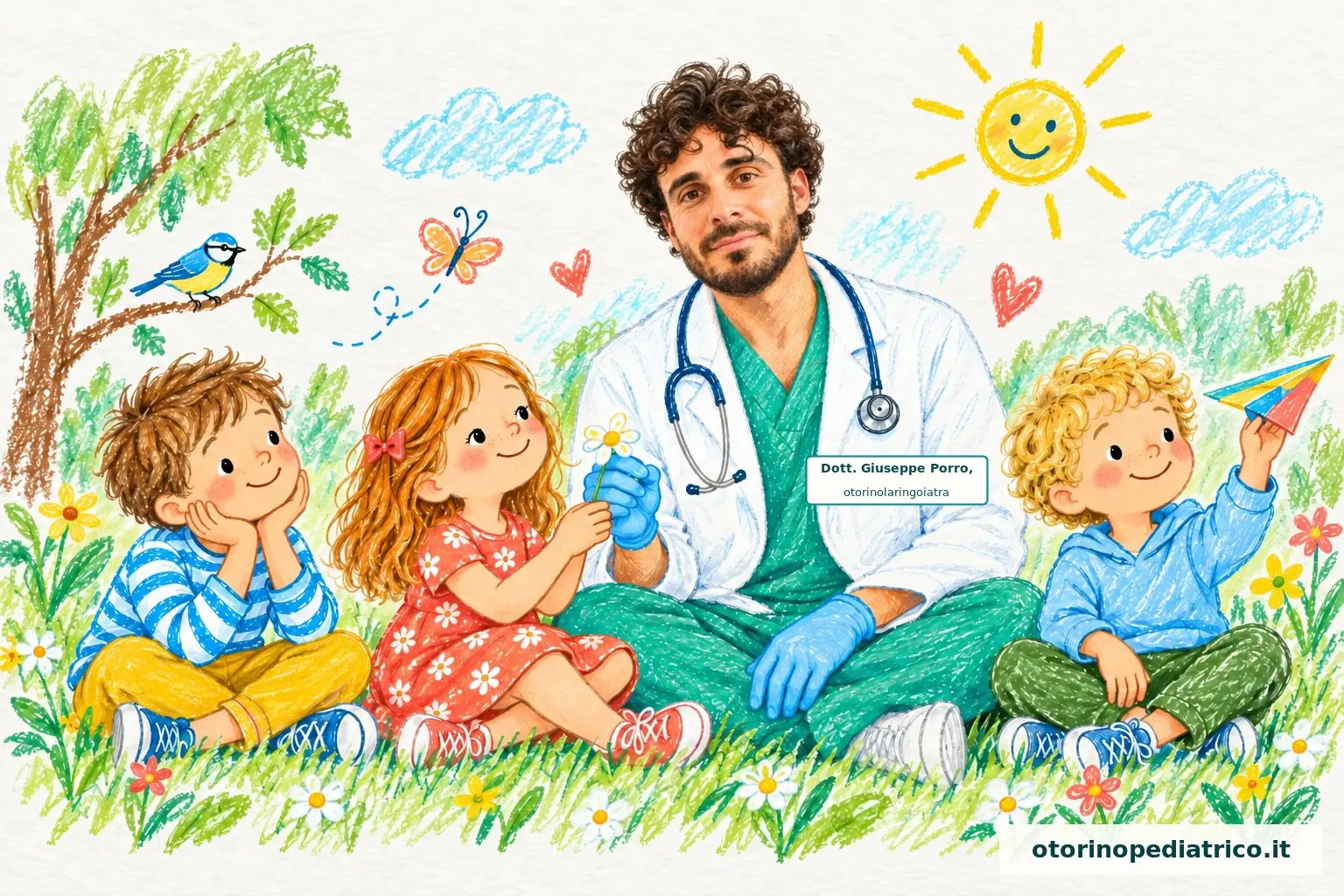 Illustrazione a pastelli di tre bambini con il Dott. Giuseppe Porro