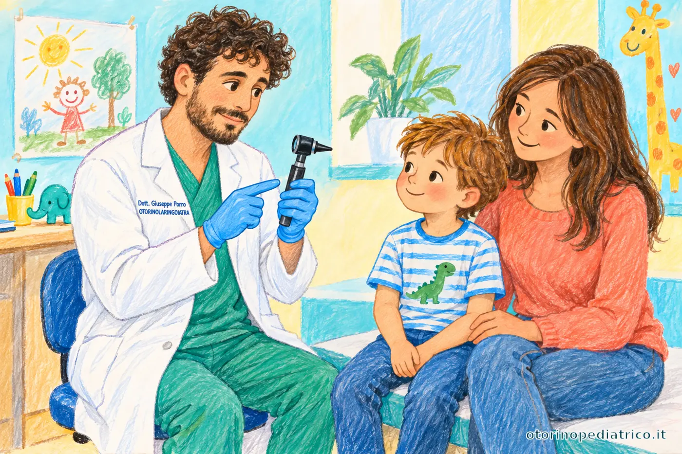Illustrazione del Dott. Giuseppe Porro che mostra un otoscopio a un bambino e alla mamma